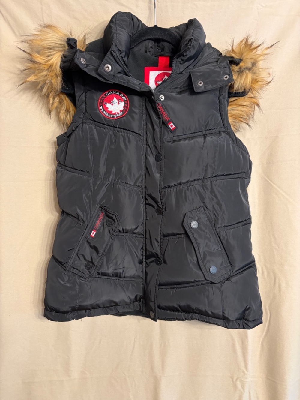 Canada Weather Gear Quilted Puffer Vest Faux Fur Hood with Logo Patch - Black